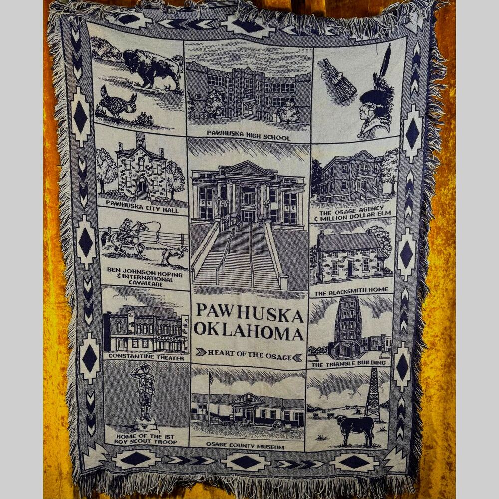 VTG Pawhuska Oklahoma Tapestry Throw Osage County NAVY BLUE 45x64, Fringe READ